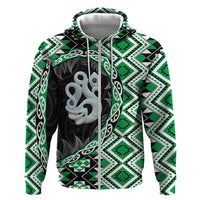Green Taniko Motif Aotearoa Manaia and Silver Fern Zip Hoodie