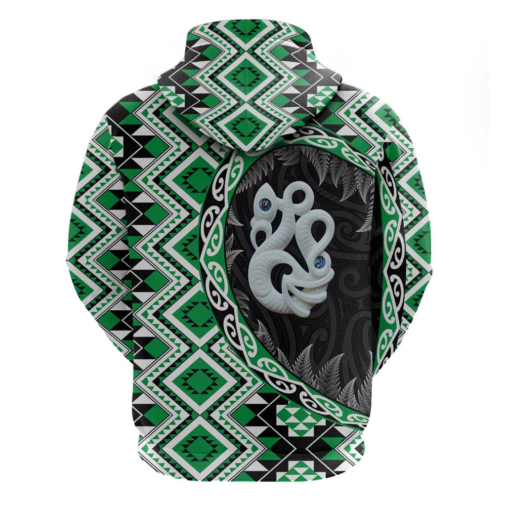 Green Taniko Motif Aotearoa Manaia and Silver Fern Zip Hoodie