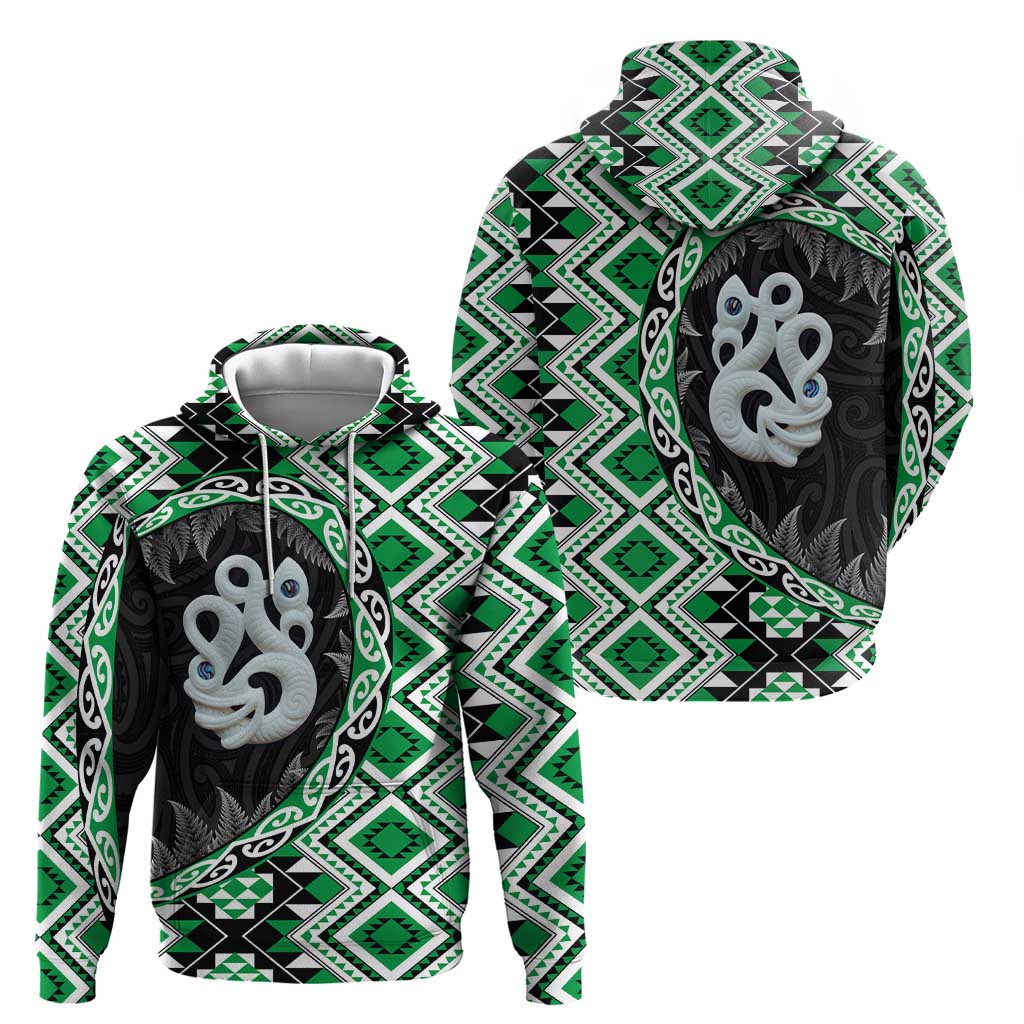 Green Taniko Motif Aotearoa Manaia and Silver Fern Zip Hoodie