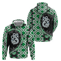 Green Taniko Motif Aotearoa Manaia and Silver Fern Zip Hoodie