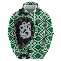 Green Taniko Motif Aotearoa Manaia and Silver Fern Zip Hoodie
