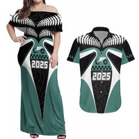 Custom New Zealand Bicycle 2025 Couples Matching Off Shoulder Maxi Dress and Hawaiian Shirt LT03 Black-Teal - Polynesian Pride