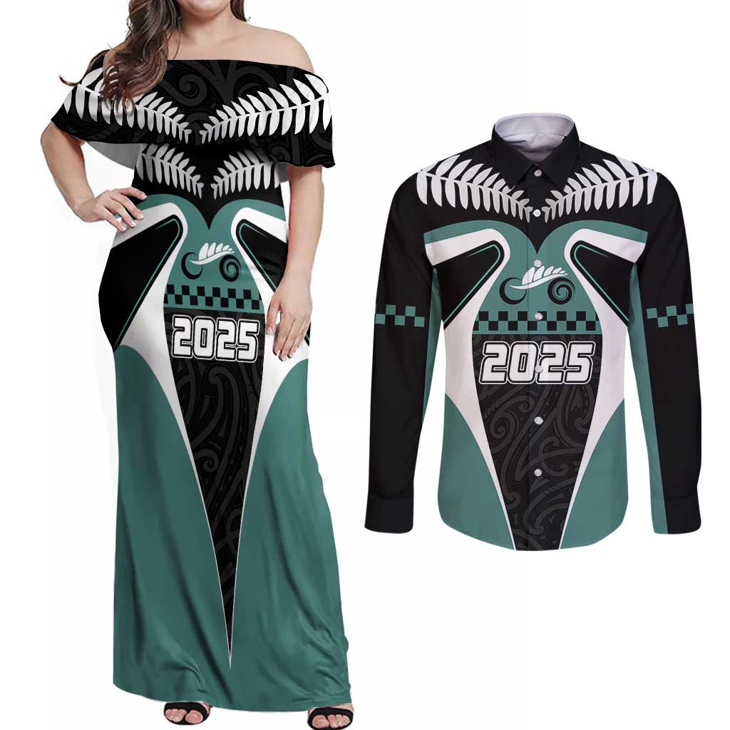 Custom New Zealand Bicycle 2025 Couples Matching Off Shoulder Maxi Dress and Long Sleeve Button Shirt LT03 Black-Teal - Polynesian Pride
