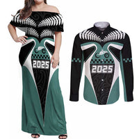 Custom New Zealand Bicycle 2025 Couples Matching Off Shoulder Maxi Dress and Long Sleeve Button Shirt LT03 Black-Teal - Polynesian Pride