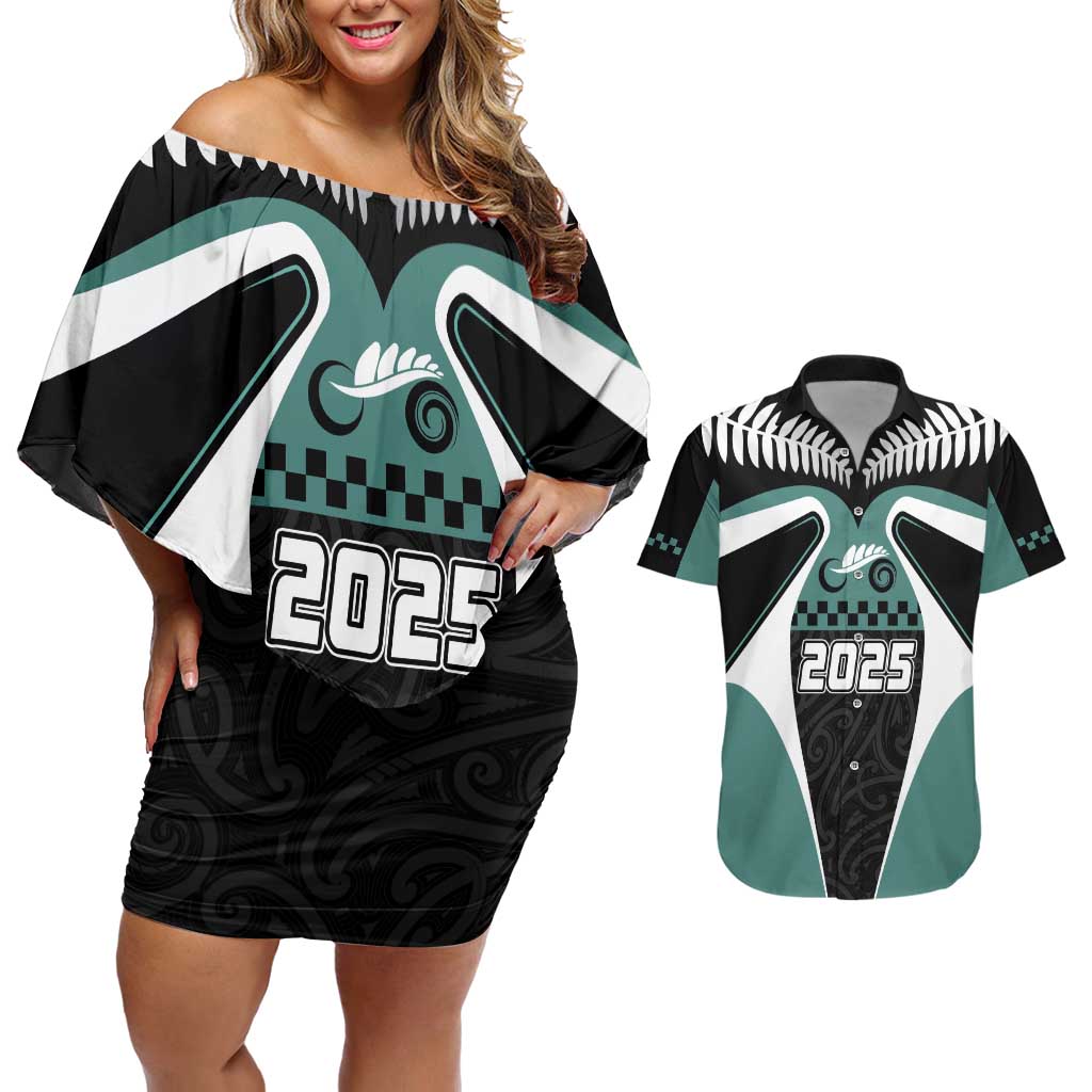 Custom New Zealand Bicycle 2025 Couples Matching Off Shoulder Short Dress and Hawaiian Shirt LT03 Black-Teal - Polynesian Pride