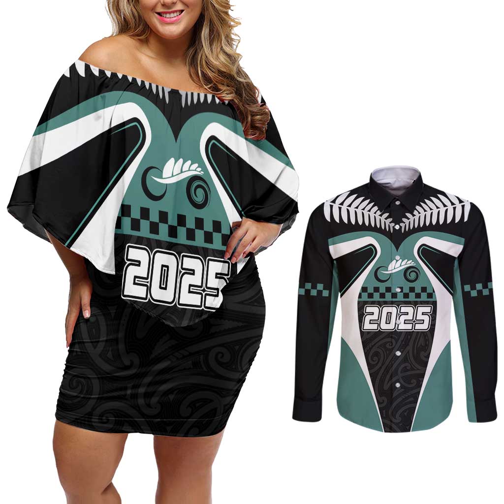 Custom New Zealand Bicycle 2025 Couples Matching Off Shoulder Short Dress and Long Sleeve Button Shirt LT03 Black-Teal - Polynesian Pride