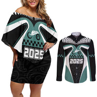 Custom New Zealand Bicycle 2025 Couples Matching Off Shoulder Short Dress and Long Sleeve Button Shirt LT03 Black-Teal - Polynesian Pride