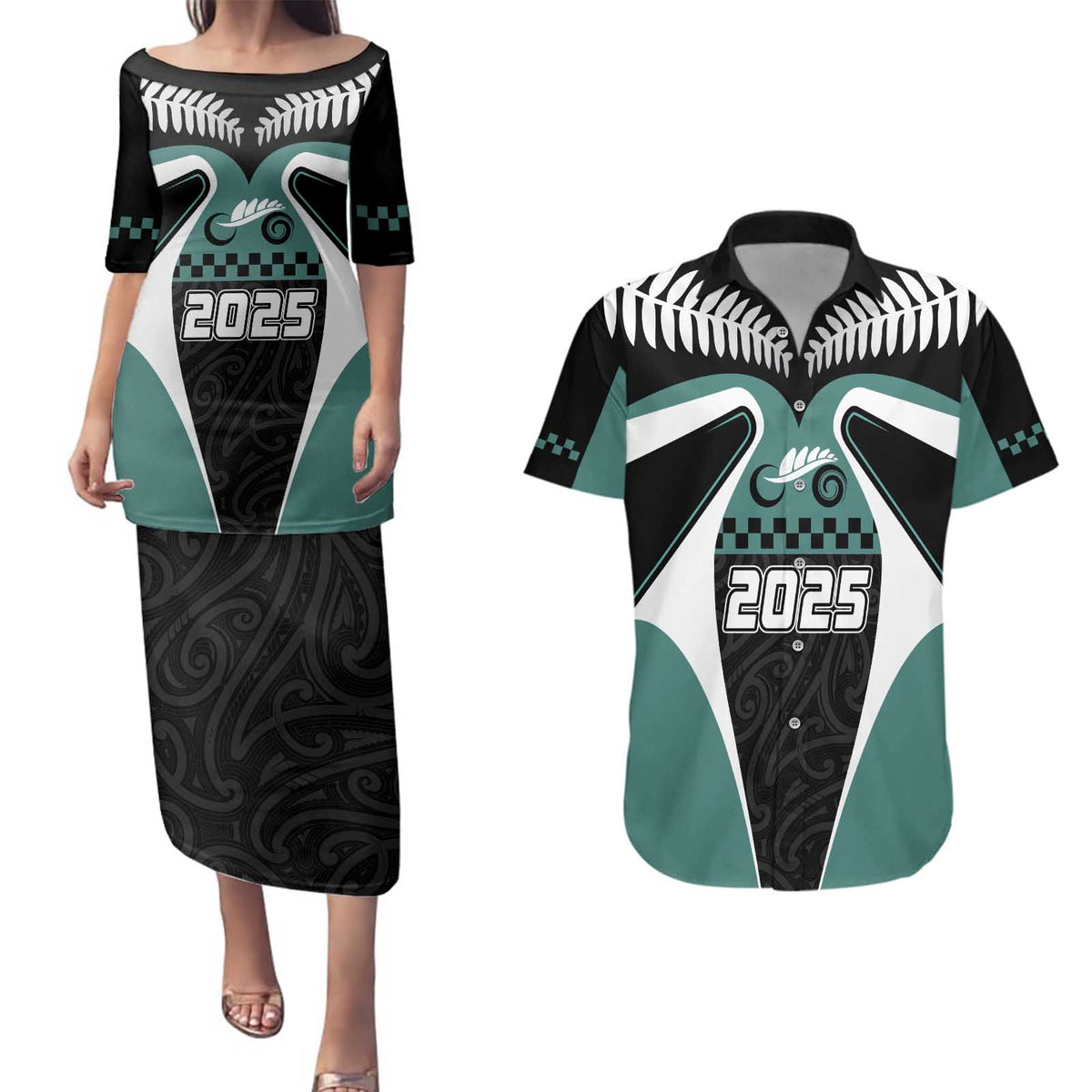 Custom New Zealand Bicycle 2025 Couples Matching Puletasi and Hawaiian Shirt LT03 Black-Teal - Polynesian Pride