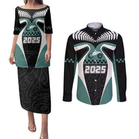 Custom New Zealand Bicycle 2025 Couples Matching Puletasi and Long Sleeve Button Shirt LT03 Black-Teal - Polynesian Pride