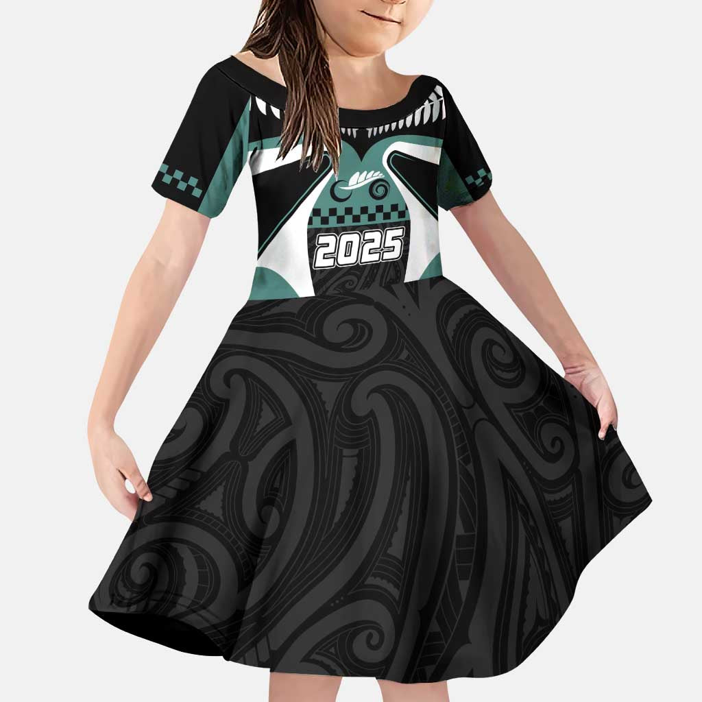 Custom New Zealand Bicycle 2025 Family Matching Puletasi and Hawaiian Shirt LT03 Daughter's Dress Black-Teal - Polynesian Pride