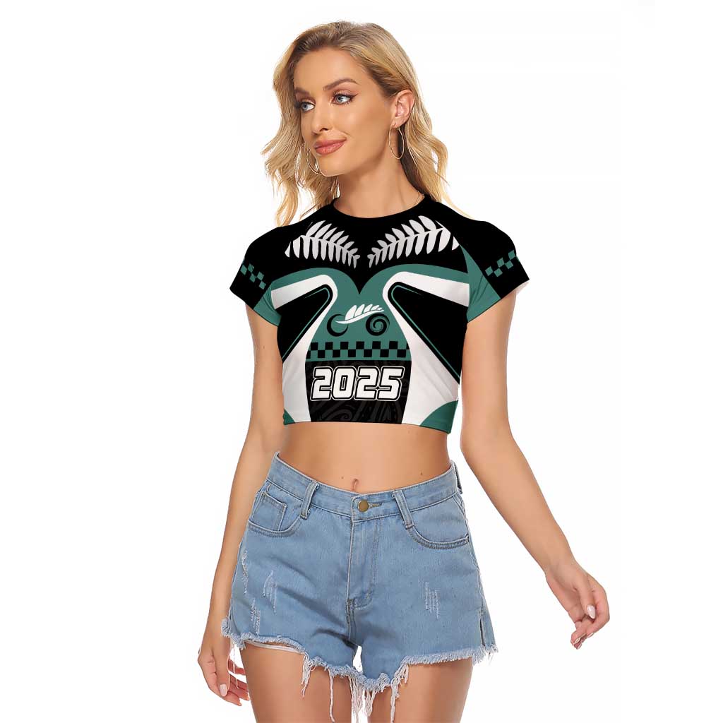Custom New Zealand Bicycle 2025 Raglan Cropped T Shirt LT03 Female Black-Teal - Polynesian Pride