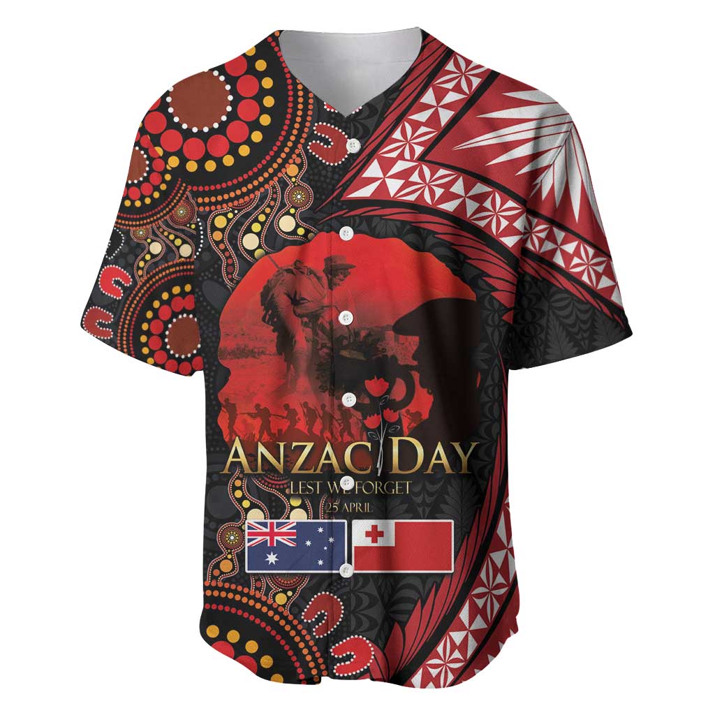 Tonga and Australia ANZAC Day Baseball Jersey Aboriginal and Ngatu Art Pattern - Gallipoli Lest We Forget