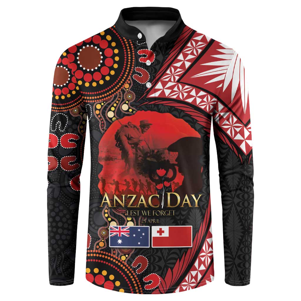 Tonga and Australia ANZAC Day Button Sweatshirt Aboriginal and Ngatu Art Pattern - Gallipoli Lest We Forget