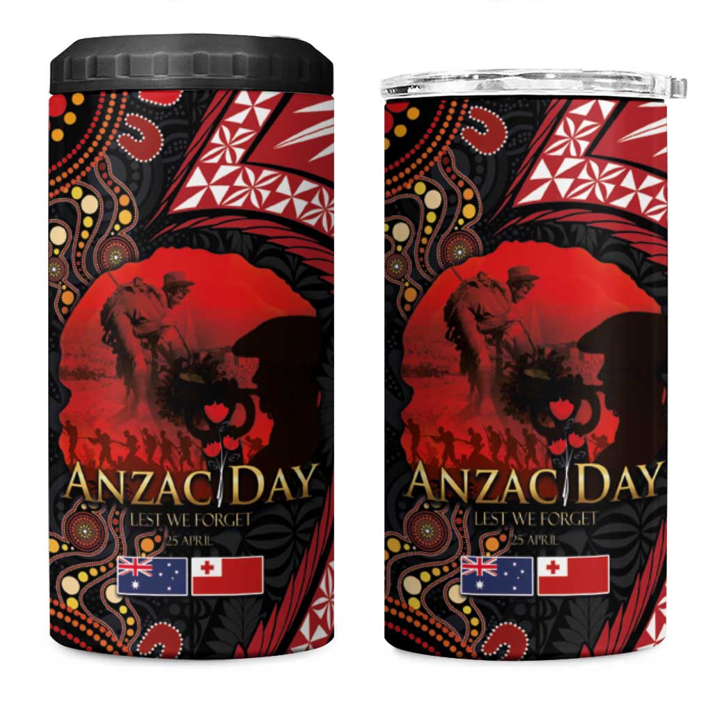 Tonga and Australia ANZAC Day 4 in 1 Can Cooler Tumbler Aboriginal and Ngatu Art Pattern - Gallipoli Lest We Forget LT03 One Size: 16 oz Black - Polynesian Pride