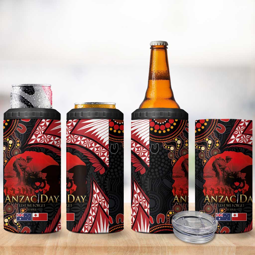 Tonga and Australia ANZAC Day 4 in 1 Can Cooler Tumbler Aboriginal and Ngatu Art Pattern - Gallipoli Lest We Forget LT03 - Polynesian Pride