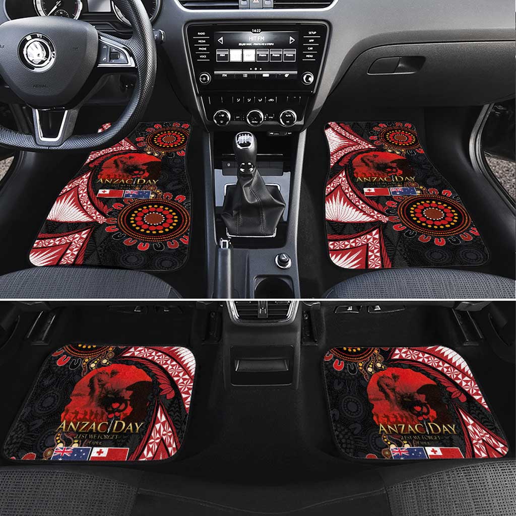 Tonga and Australia ANZAC Day Car Mats Aboriginal and Ngatu Art Pattern - Gallipoli Lest We Forget LT03 Set 4pcs Black - Polynesian Pride
