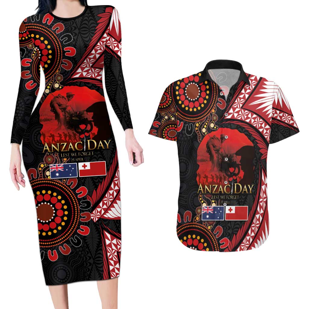 Tonga and Australia ANZAC Day Couples Matching Long Sleeve Bodycon Dress and Hawaiian Shirt Aboriginal and Ngatu Art Pattern - Gallipoli Lest We Forget LT03 Black - Polynesian Pride