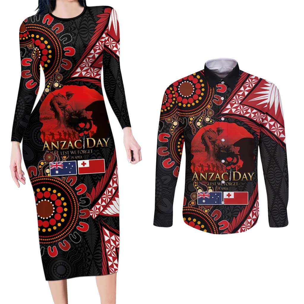 Tonga and Australia ANZAC Day Couples Matching Long Sleeve Bodycon Dress and Long Sleeve Button Shirt Aboriginal and Ngatu Art Pattern - Gallipoli Lest We Forget LT03 Black - Polynesian Pride