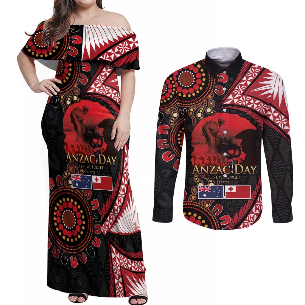 Tonga and Australia ANZAC Day Couples Matching Off Shoulder Maxi Dress and Long Sleeve Button Shirt Aboriginal and Ngatu Art Pattern - Gallipoli Lest We Forget LT03 Black - Polynesian Pride