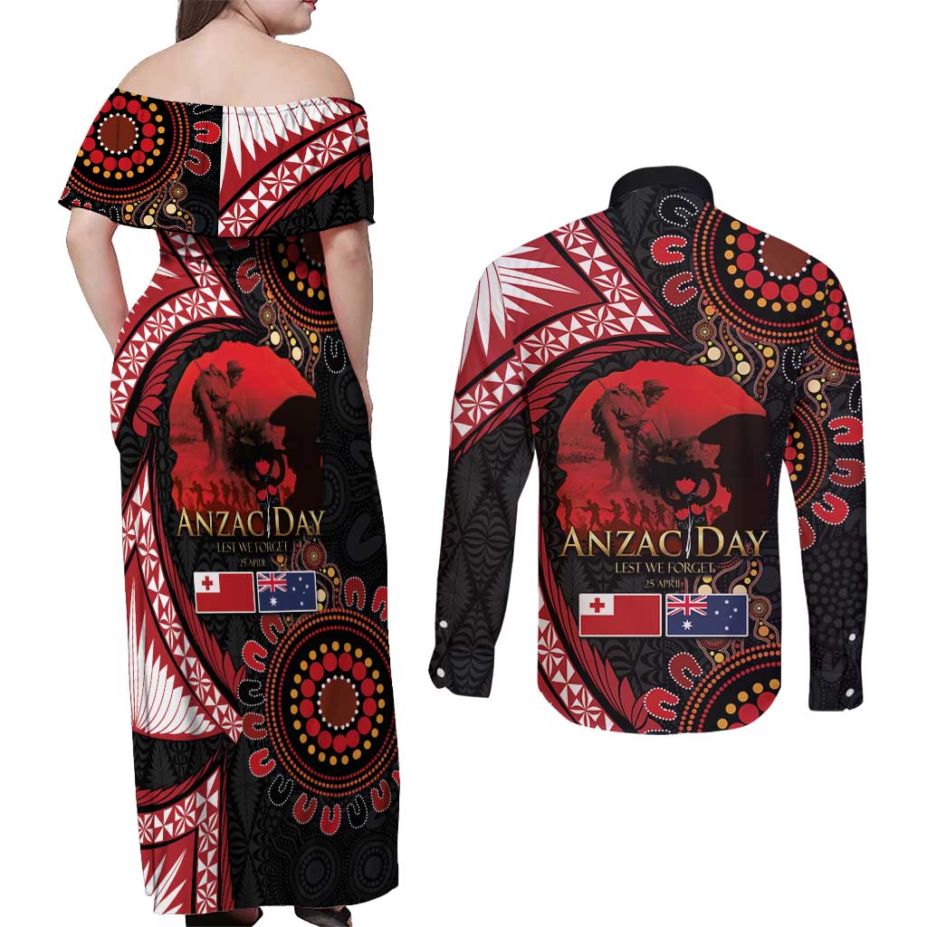 Tonga and Australia ANZAC Day Couples Matching Off Shoulder Maxi Dress and Long Sleeve Button Shirt Aboriginal and Ngatu Art Pattern - Gallipoli Lest We Forget LT03 - Polynesian Pride