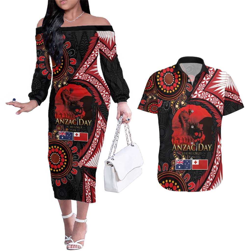 Tonga and Australia ANZAC Day Couples Matching Off The Shoulder Long Sleeve Dress and Hawaiian Shirt Aboriginal and Ngatu Art Pattern - Gallipoli Lest We Forget