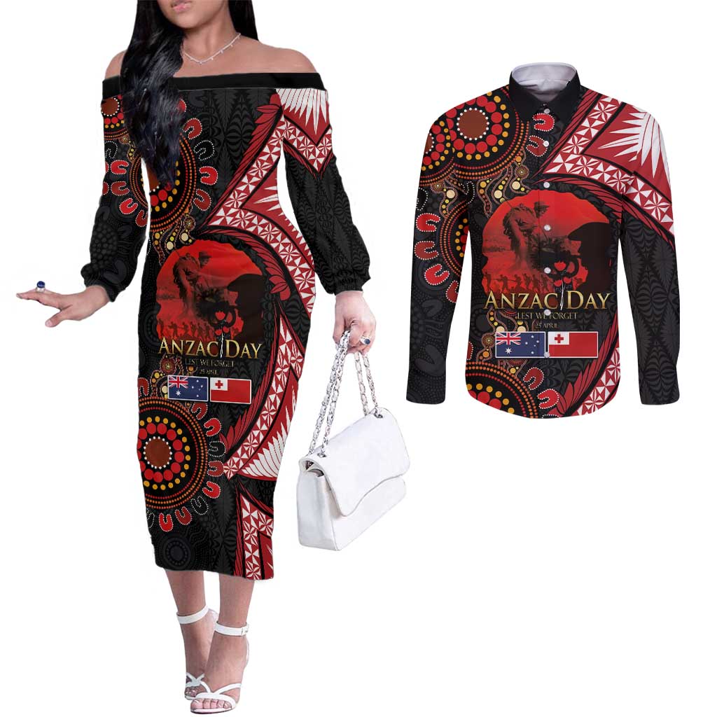 Tonga and Australia ANZAC Day Couples Matching Off The Shoulder Long Sleeve Dress and Long Sleeve Button Shirt Aboriginal and Ngatu Art Pattern - Gallipoli Lest We Forget