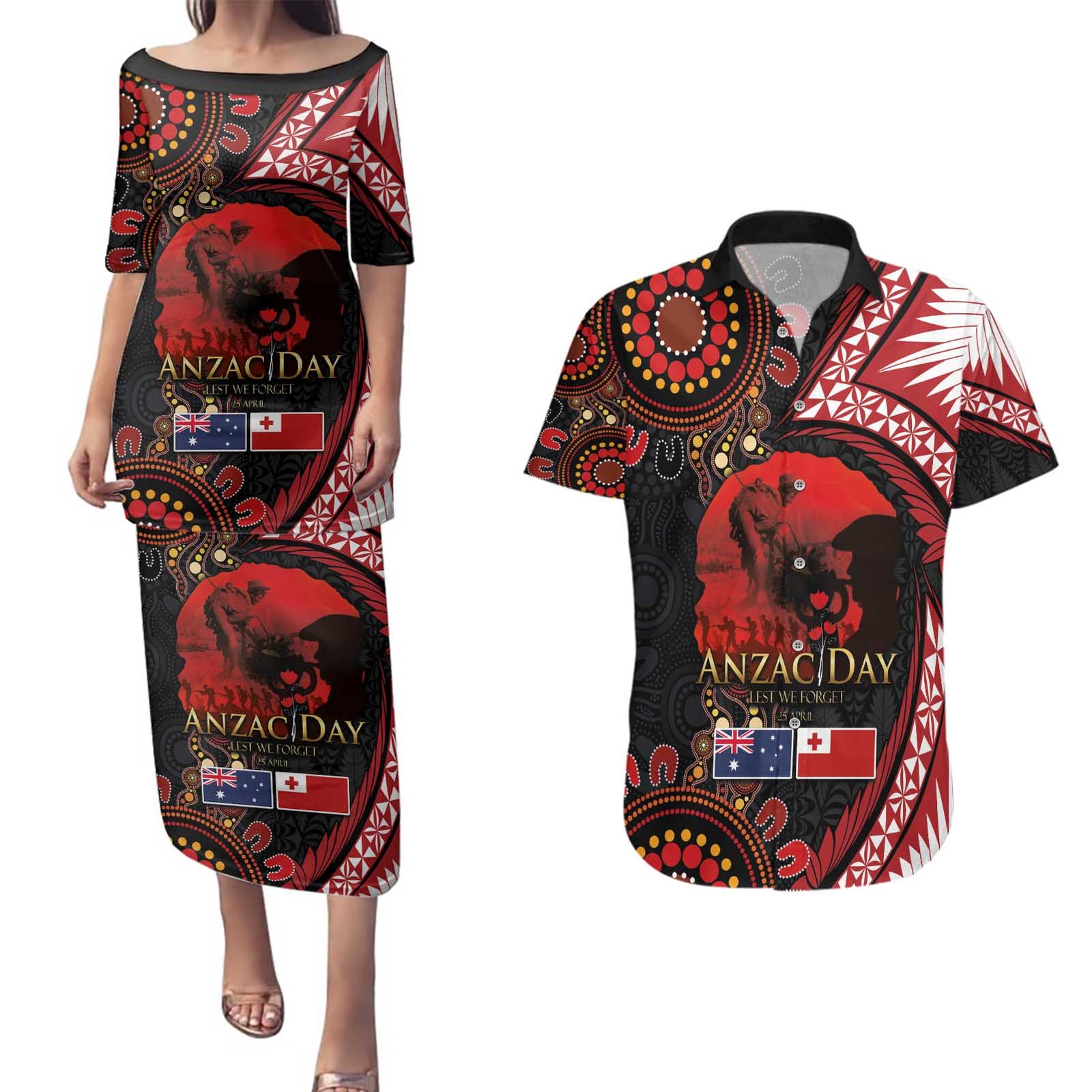 Tonga and Australia ANZAC Day Couples Matching Puletasi and Hawaiian Shirt Aboriginal and Ngatu Art Pattern - Gallipoli Lest We Forget LT03 Black - Polynesian Pride