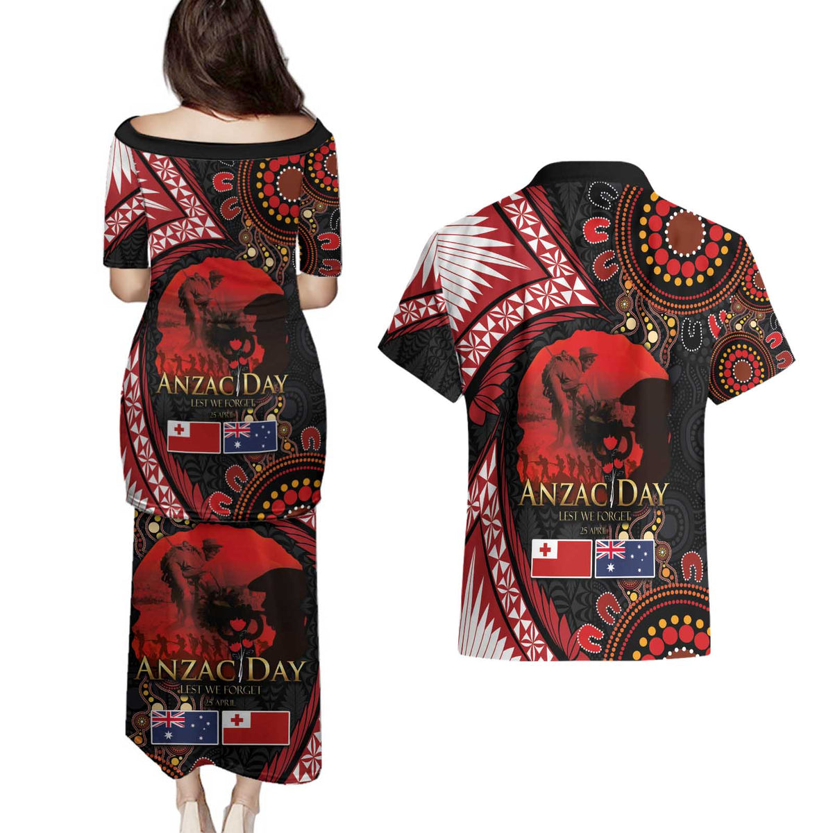 Tonga and Australia ANZAC Day Couples Matching Puletasi and Hawaiian Shirt Aboriginal and Ngatu Art Pattern - Gallipoli Lest We Forget LT03 - Polynesian Pride