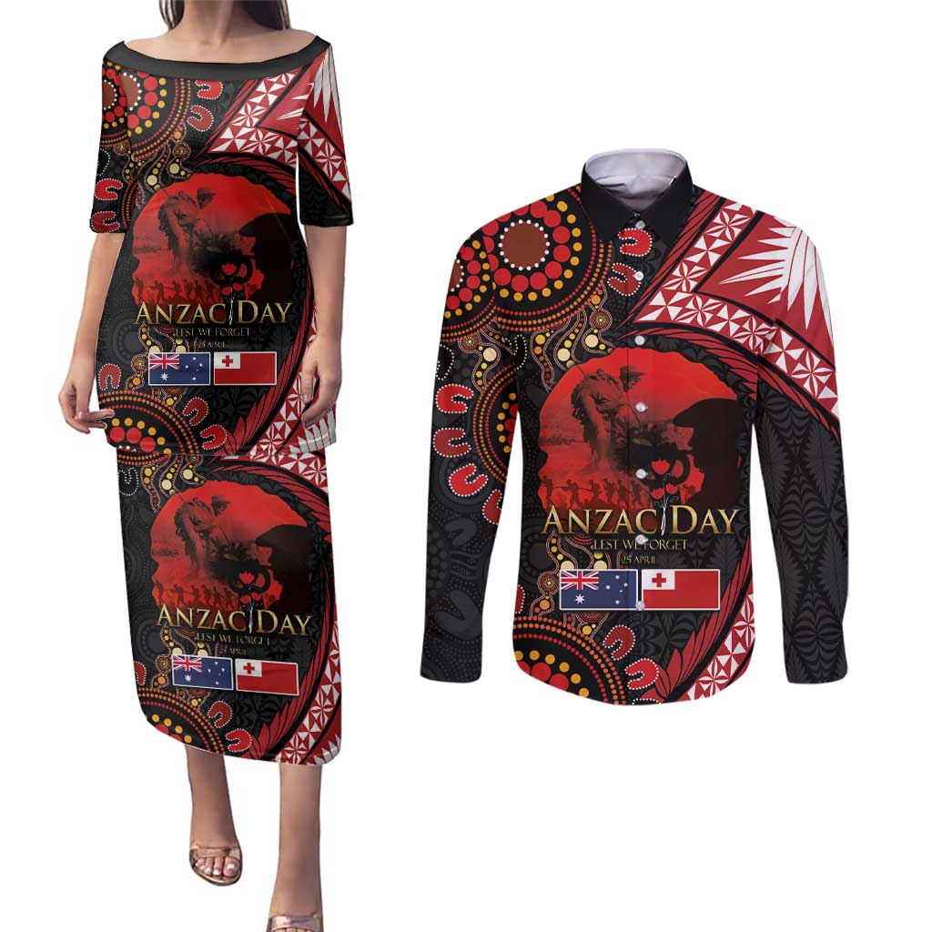 Tonga and Australia ANZAC Day Couples Matching Puletasi and Long Sleeve Button Shirt Aboriginal and Ngatu Art Pattern - Gallipoli Lest We Forget