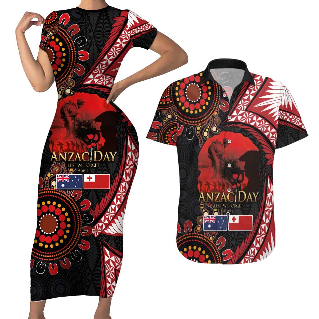 Tonga and Australia ANZAC Day Couples Matching Short Sleeve Bodycon Dress and Hawaiian Shirt Aboriginal and Ngatu Art Pattern - Gallipoli Lest We Forget