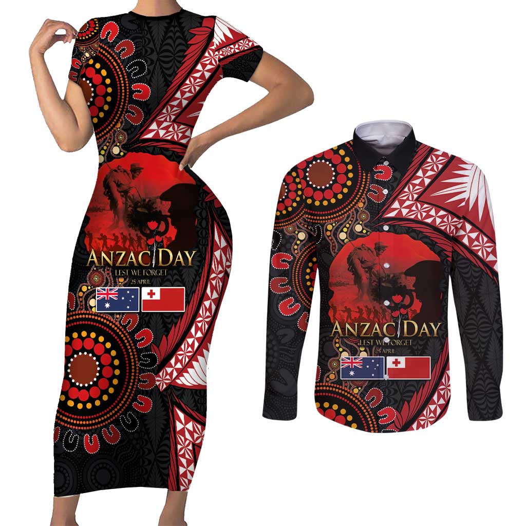 Tonga and Australia ANZAC Day Couples Matching Short Sleeve Bodycon Dress and Long Sleeve Button Shirt Aboriginal and Ngatu Art Pattern - Gallipoli Lest We Forget LT03 Black - Polynesian Pride