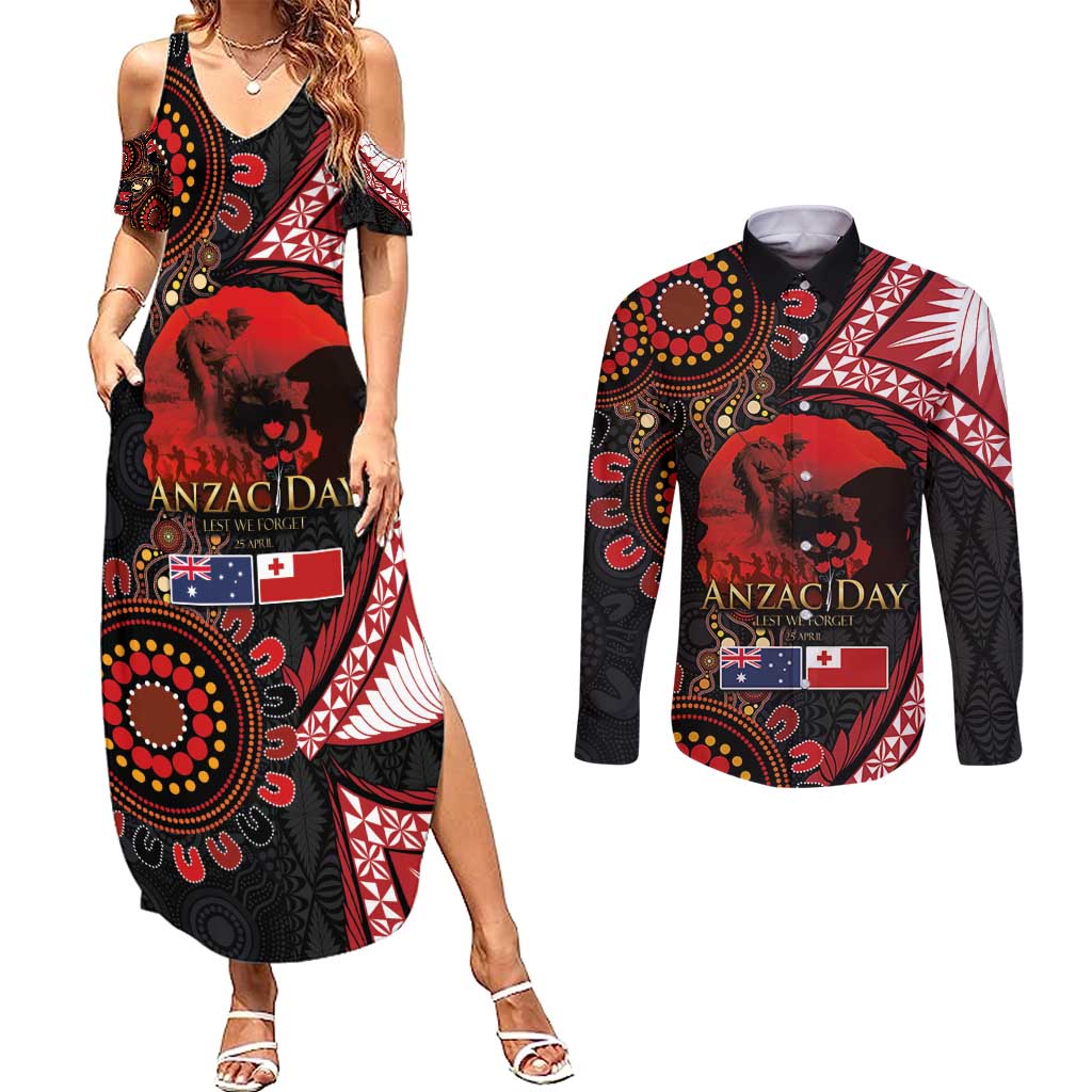 Tonga and Australia ANZAC Day Couples Matching Summer Maxi Dress and Long Sleeve Button Shirt Aboriginal and Ngatu Art Pattern - Gallipoli Lest We Forget LT03 Black - Polynesian Pride