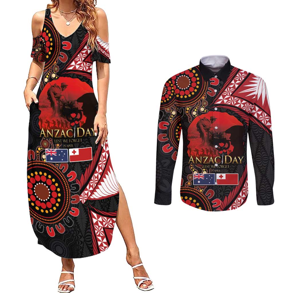 Tonga and Australia ANZAC Day Couples Matching Summer Maxi Dress and Long Sleeve Button Shirt Aboriginal and Ngatu Art Pattern - Gallipoli Lest We Forget