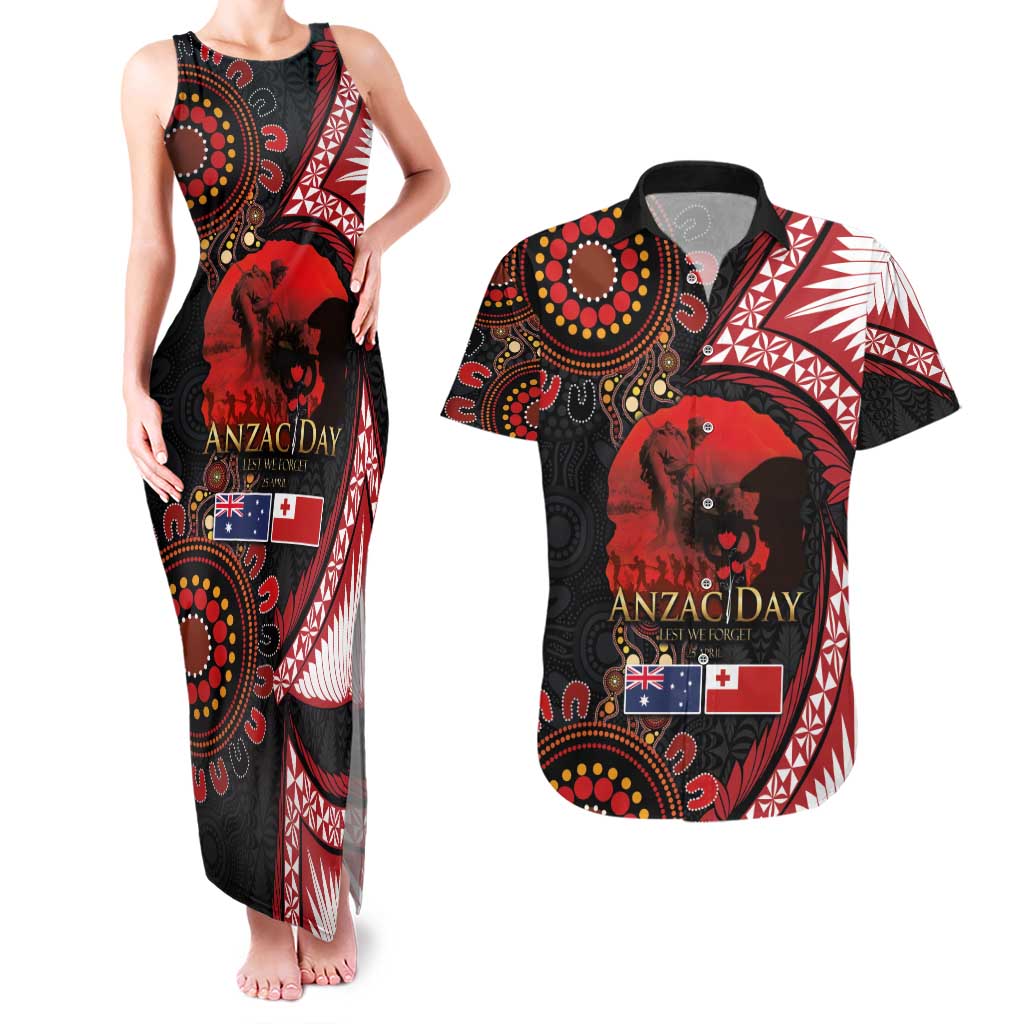 Tonga and Australia ANZAC Day Couples Matching Tank Maxi Dress and Hawaiian Shirt Aboriginal and Ngatu Art Pattern - Gallipoli Lest We Forget