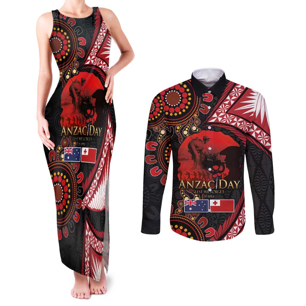 Tonga and Australia ANZAC Day Couples Matching Tank Maxi Dress and Long Sleeve Button Shirt Aboriginal and Ngatu Art Pattern - Gallipoli Lest We Forget