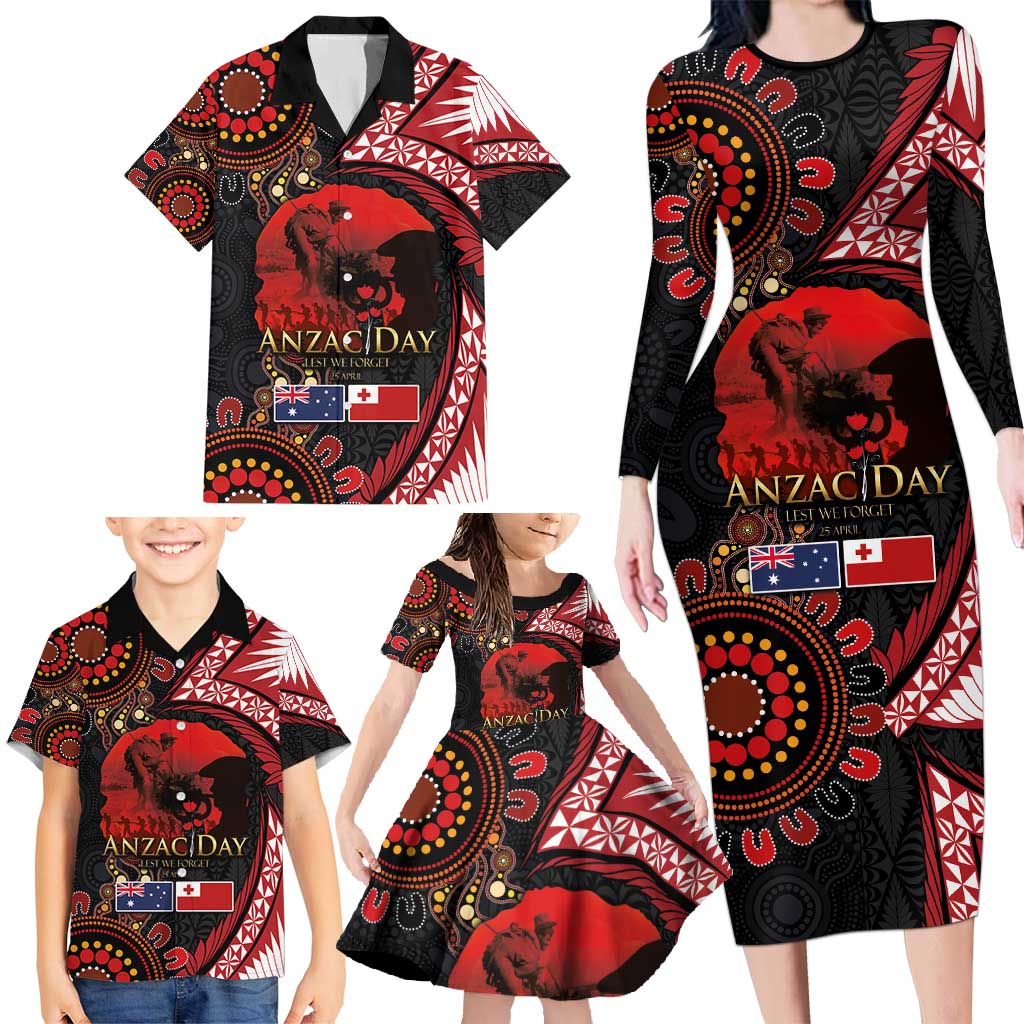 Tonga and Australia ANZAC Day Family Matching Long Sleeve Bodycon Dress and Hawaiian Shirt Aboriginal and Ngatu Art Pattern - Gallipoli Lest We Forget