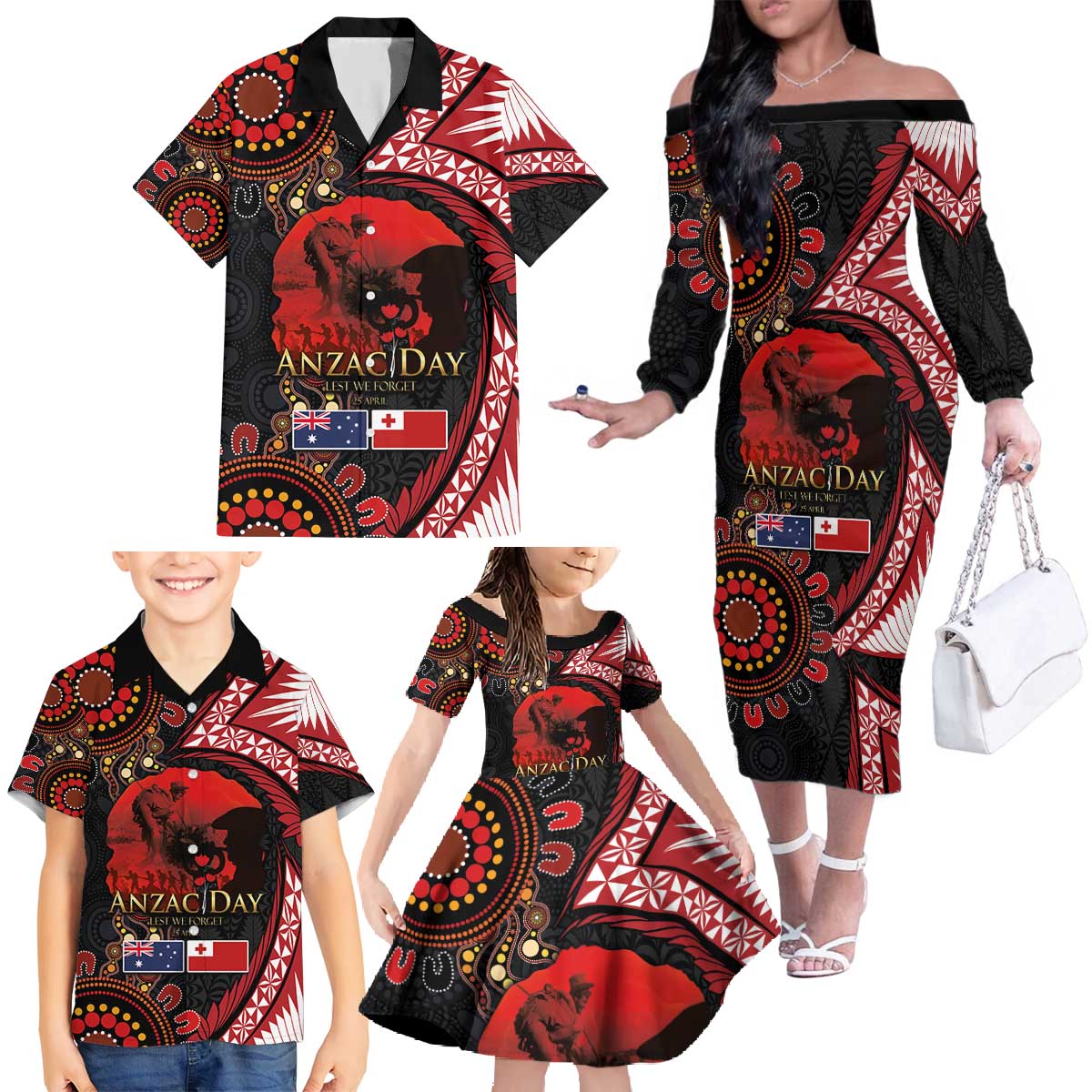 Tonga and Australia ANZAC Day Family Matching Off The Shoulder Long Sleeve Dress and Hawaiian Shirt Aboriginal and Ngatu Art Pattern - Gallipoli Lest We Forget