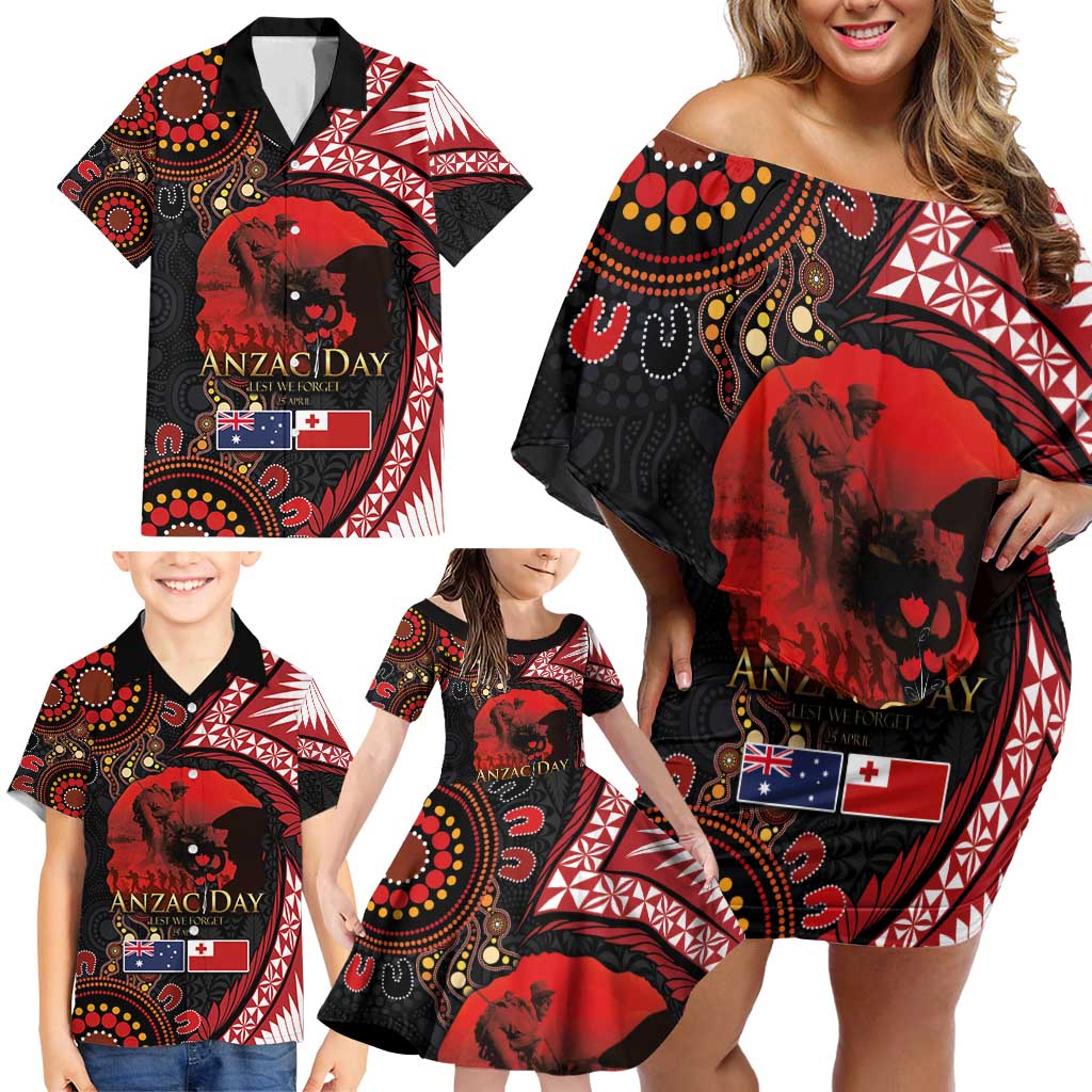 Tonga and Australia ANZAC Day Family Matching Off Shoulder Short Dress and Hawaiian Shirt Aboriginal and Ngatu Art Pattern - Gallipoli Lest We Forget