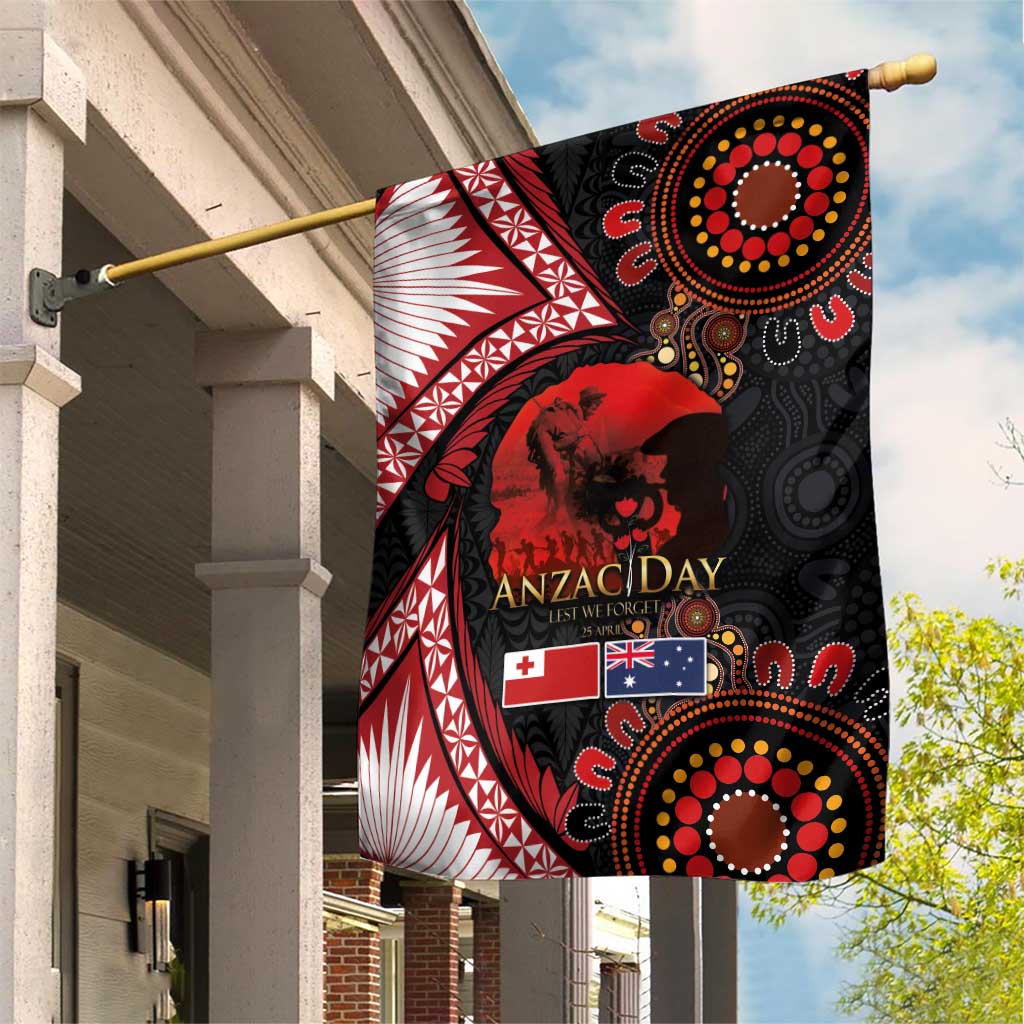 Tonga and Australia ANZAC Day Garden Flag Aboriginal and Ngatu Art Pattern - Gallipoli Lest We Forget LT03 House Flag Black - Polynesian Pride