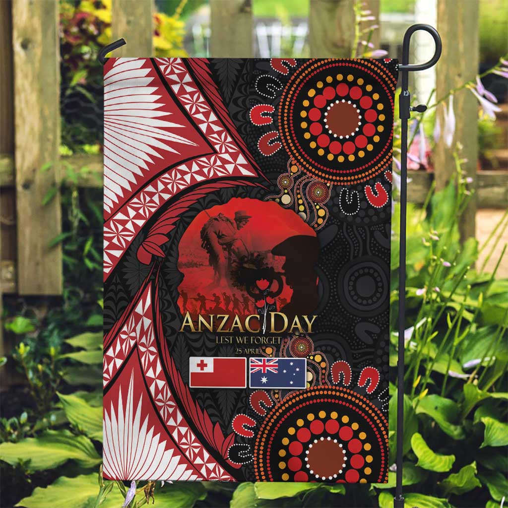 Tonga and Australia ANZAC Day Garden Flag Aboriginal and Ngatu Art Pattern - Gallipoli Lest We Forget LT03 Garden Flag Black - Polynesian Pride