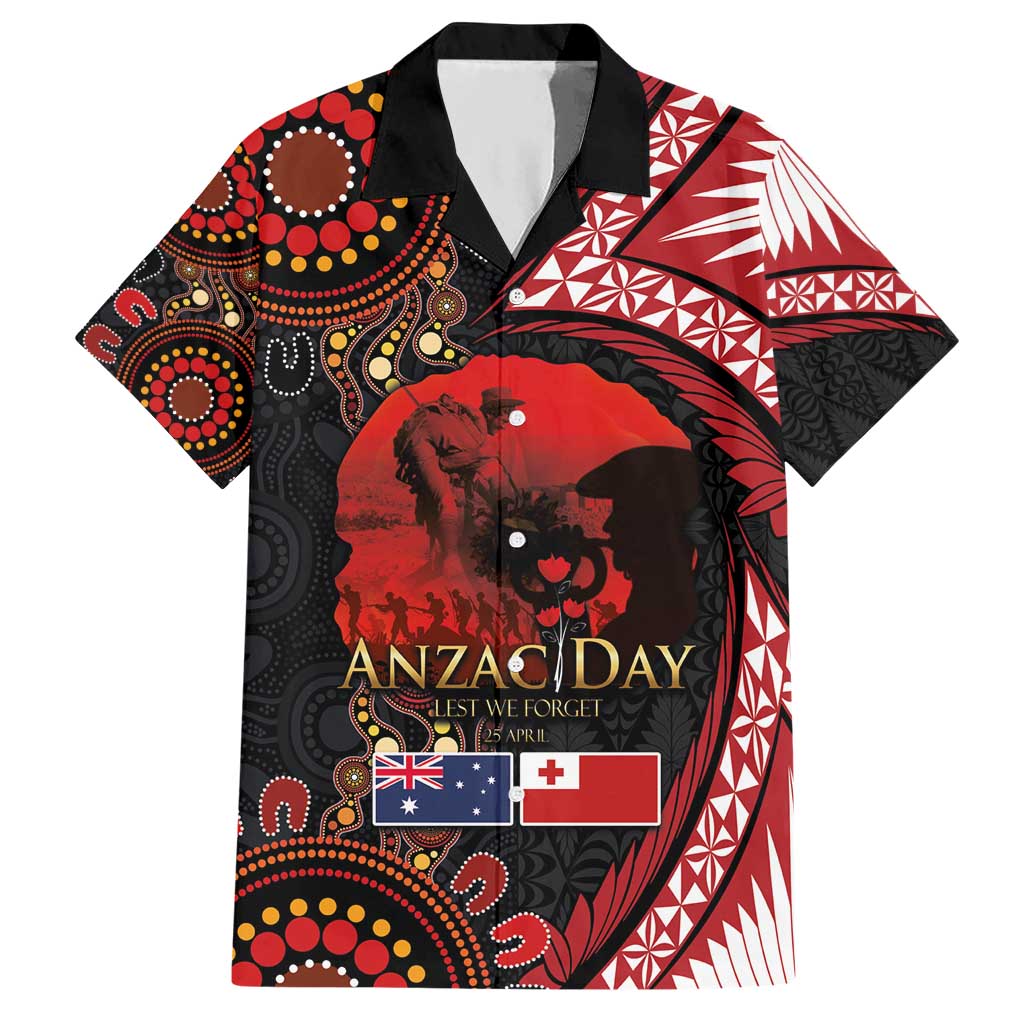 Tonga and Australia ANZAC Day Hawaiian Shirt Aboriginal and Ngatu Art Pattern - Gallipoli Lest We Forget LT03 Black - Polynesian Pride