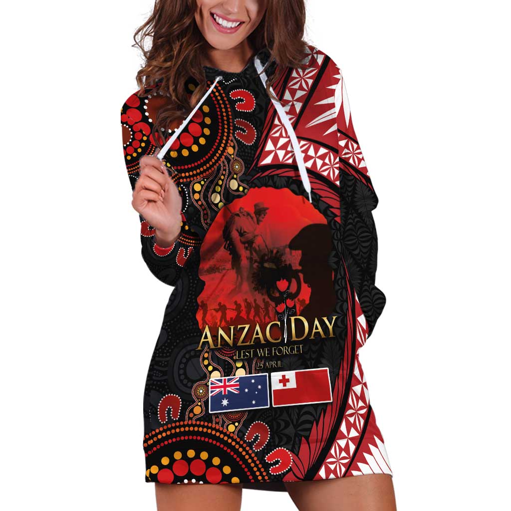 Tonga and Australia ANZAC Day Hoodie Dress Aboriginal and Ngatu Art Pattern - Gallipoli Lest We Forget LT03 Black - Polynesian Pride