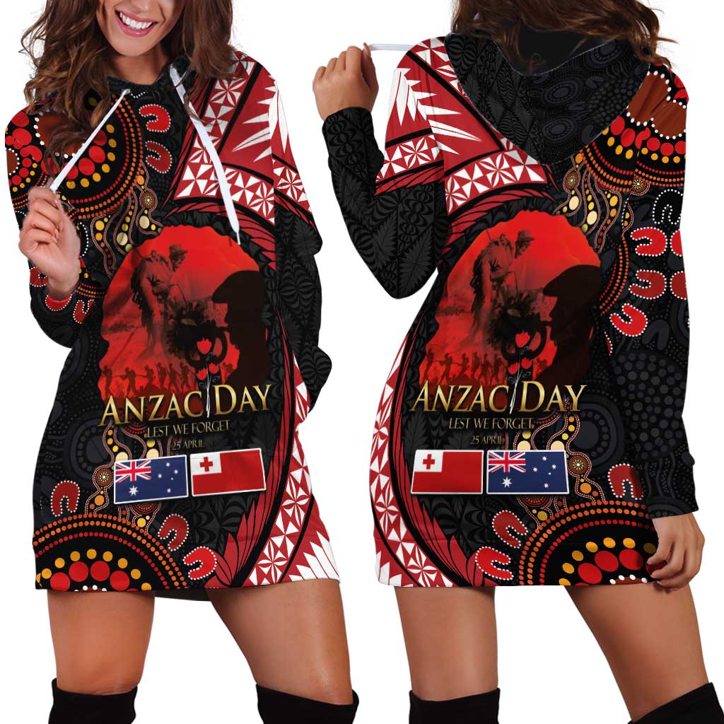 Tonga and Australia ANZAC Day Hoodie Dress Aboriginal and Ngatu Art Pattern - Gallipoli Lest We Forget LT03 - Polynesian Pride