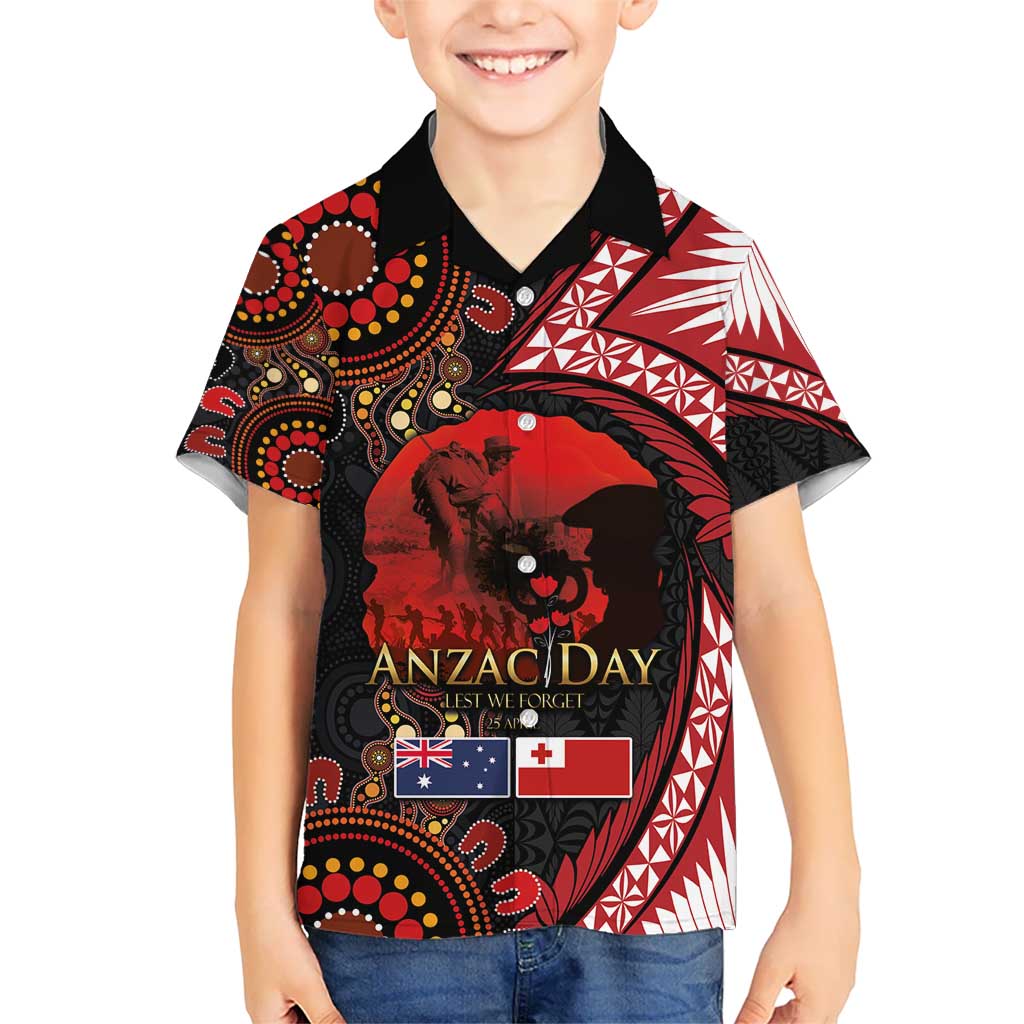 Tonga and Australia ANZAC Day Kid Hawaiian Shirt Aboriginal and Ngatu Art Pattern - Gallipoli Lest We Forget