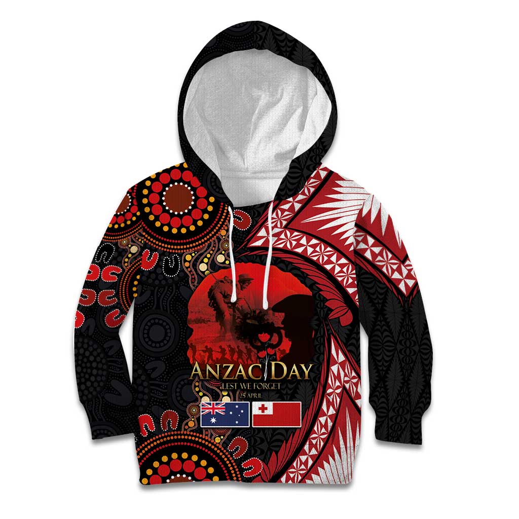 Tonga and Australia ANZAC Day Kid Hoodie Aboriginal and Ngatu Art Pattern - Gallipoli Lest We Forget