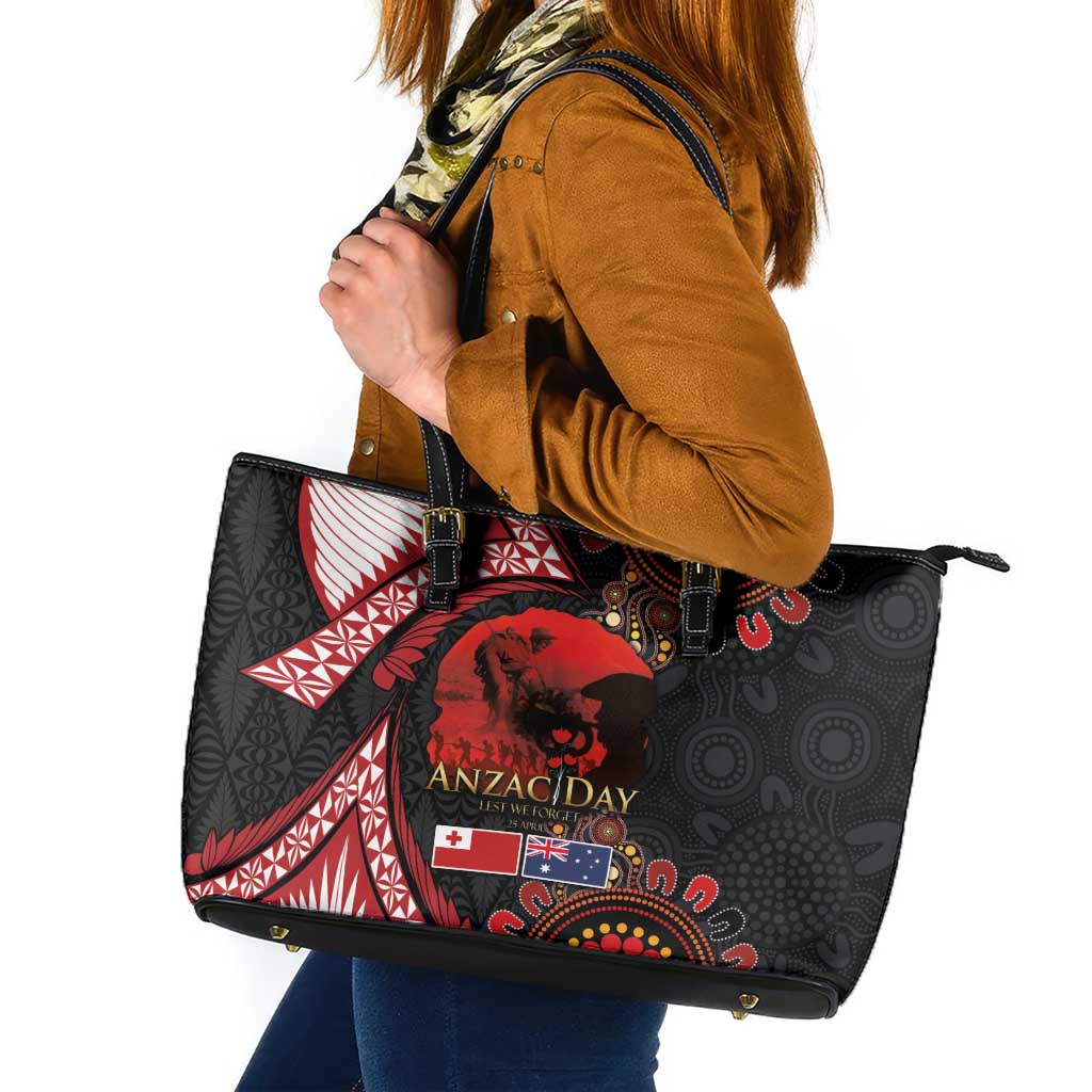 Tonga and Australia ANZAC Day Leather Tote Bag Aboriginal and Ngatu Art Pattern - Gallipoli Lest We Forget