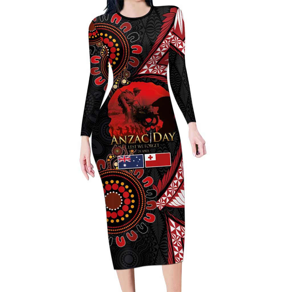 Tonga and Australia ANZAC Day Long Sleeve Bodycon Dress Aboriginal and Ngatu Art Pattern - Gallipoli Lest We Forget