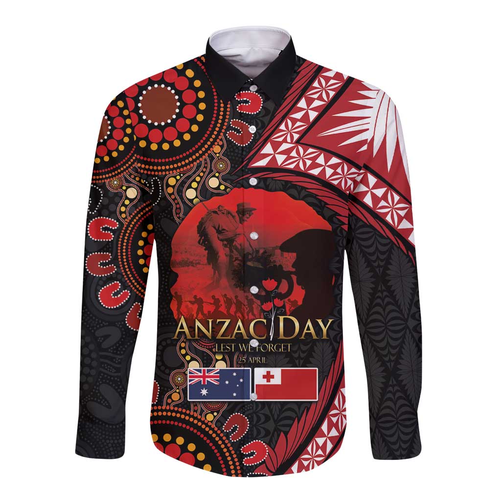 Tonga and Australia ANZAC Day Long Sleeve Button Shirt Aboriginal and Ngatu Art Pattern - Gallipoli Lest We Forget