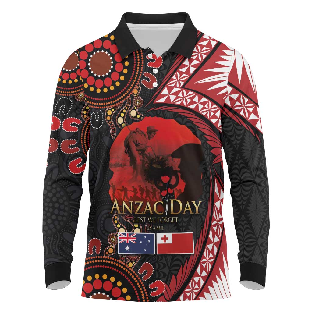 Tonga and Australia ANZAC Day Long Sleeve Polo Shirt Aboriginal and Ngatu Art Pattern - Gallipoli Lest We Forget