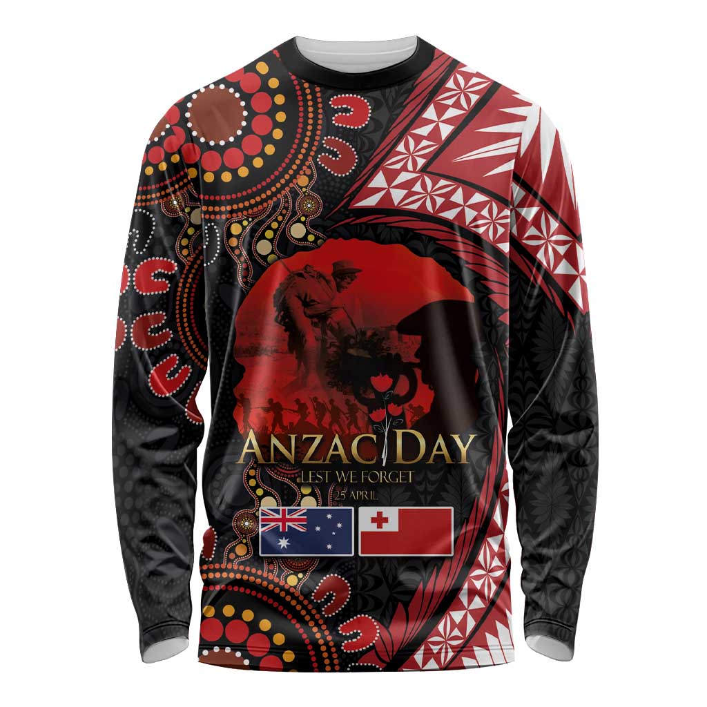 Tonga and Australia ANZAC Day Long Sleeve Shirt Aboriginal and Ngatu Art Pattern - Gallipoli Lest We Forget LT03 Unisex Black - Polynesian Pride